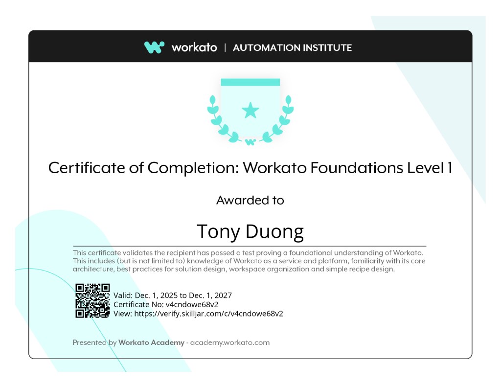 Certificate of Completion for Workato Foundations Level 1 awarded to Tony Duong, valid from December 1, 2025, to December 1, 2027.