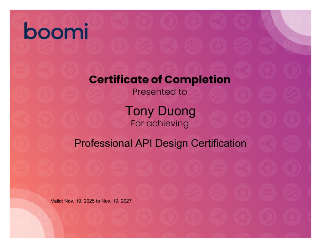 Certificate of Completion from Boomi awarded to Tony Duong for achieving Professional API Design Certification, valid from November 19, 2025 to November 19, 2027.