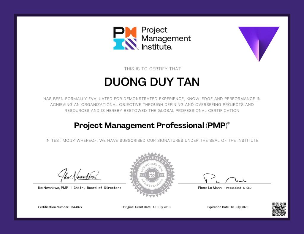 A certificate awarded to Duong Duy Tan by the Project Management Institute, verifying his Project Management Professional (PMP) certification, with details including certification number, grant date, and expiration date.